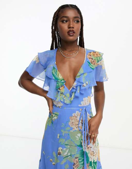 ASOS DESIGN Robe mi longue volants avec col V devant et dos manches vas es et ceinture nouer Bleu fleurs