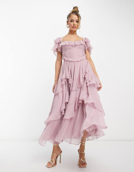 ASOS DESIGN - Robe mi-longue à volants avec corsage froncé et manches évasées - Mauve, 4 de 4
