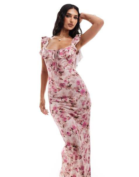 ASOS DESIGN - Robe mi-longue à volants avec ouverture goutte d'eau et imprimé à petites fleurs - view 1