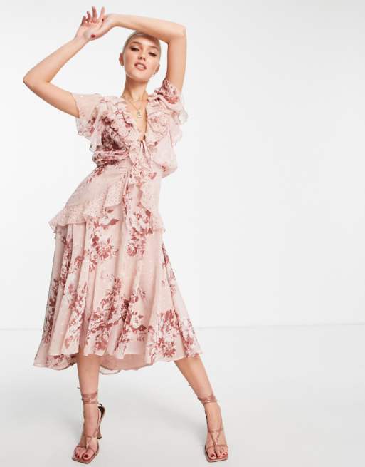 ASOS DESIGN - Robe mi-longue à volants et à imprimé varié fleurs et pois métallisés 