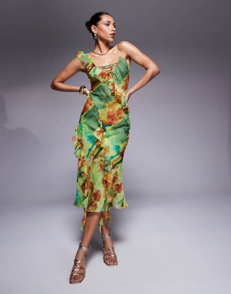 ASOS DESIGN - Robe mi-longue à volants et imprimé fleuri abstrait avec bretelles fines et décolleté plongeant à laçage - view 1