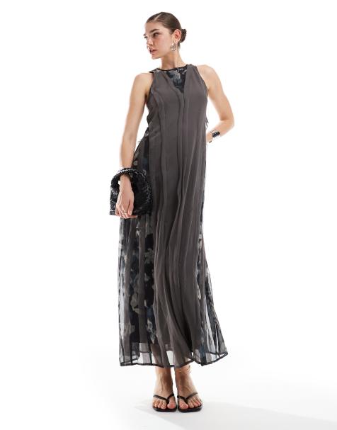 ASOS DESIGN - Robe mi-longue à volants et imprimé sur le côté - Gris - view 1