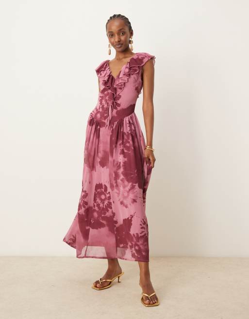 ASOS DESIGN - Robe mi-longue à volants et imprimé vrille avec bords effilochés et jupe à ourlet oblique