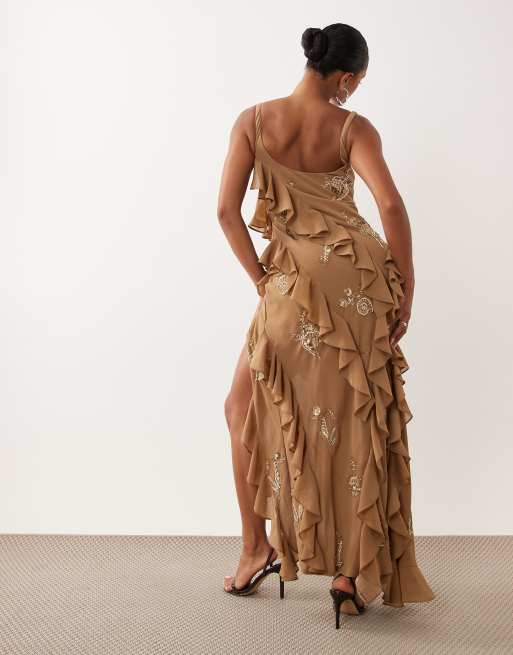 ASOS DESIGN - Robe mi-longue à volants et ornements coquillages - Doré, 4 de 4
