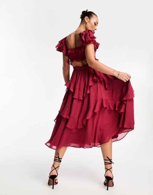 ASOS DESIGN - Robe mi-longue à volants étagés avec corsage froncé et manches évasées - Baie, 3 de 4