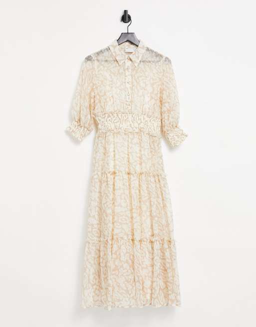 ASOS DESIGN - Robe mi-longue à volants étagés et col avec taille froncée et imprimé animal - Naturel