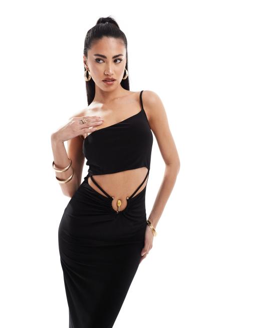 ASOS DESIGN - Robe mi-longue asymétrique à découpe et détail quartz - Noir