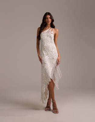Robe mi-longue asymétrique à découpes avec ornements et ourlet asymétrique à franges - Blanc 46