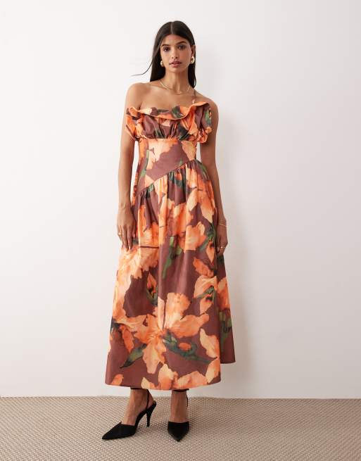 ASOS DESIGN - Robe mi-longue asymétrique à fleurs avec corsage structuré à volants - Orange foncé