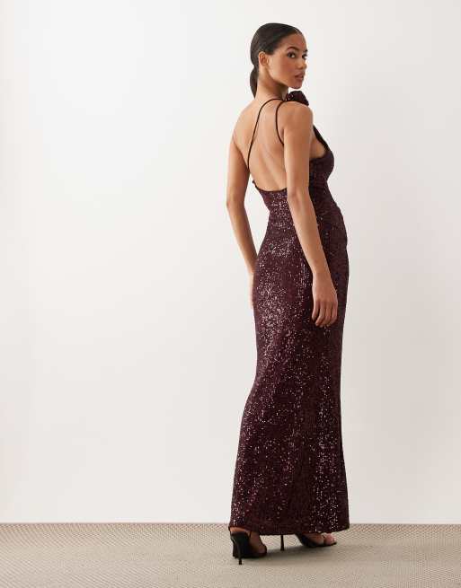 ASOS DESIGN - Robe mi-longue asymétrique à sequins avec grosses fleurs - Baie, 4 de 4