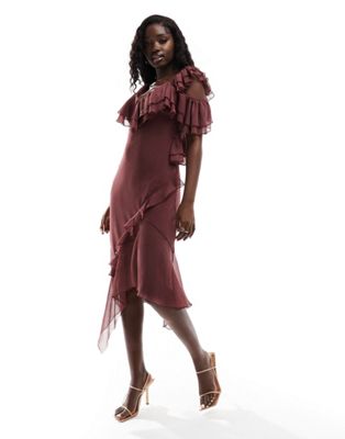 ASOS DESIGN asymmetric frill midi dress in berry - ASOS Price Checker