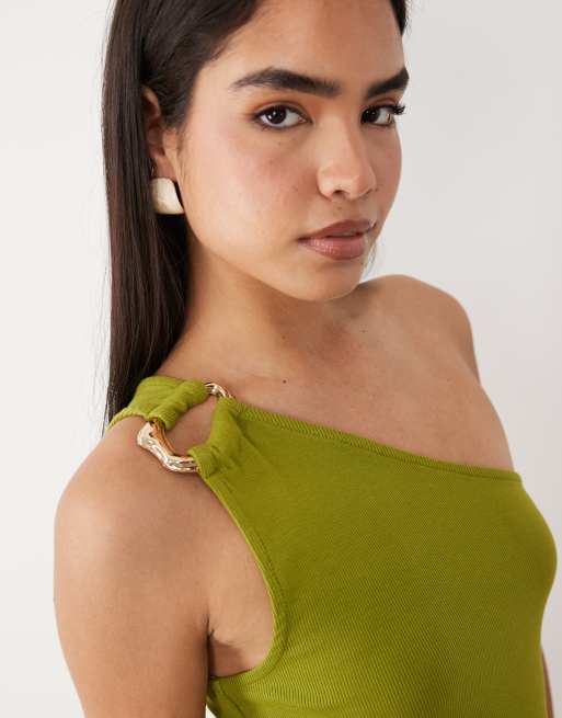 ASOS DESIGN - Robe mi-longue asymétrique avec détail en métal - Vert olive, 2 de 4