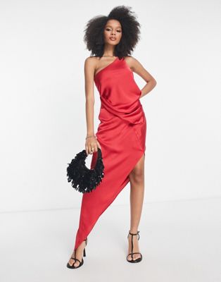 ASOS DESIGN satin one shoulder drape midi dress in red - ASOS Price Checker