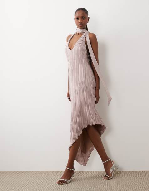 ASOS DESIGN - Robe mi-longue asymétrique plissée avec détail foulard - Vison - view 1