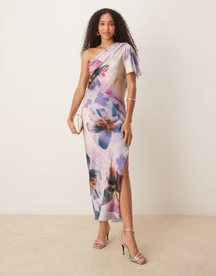 ASOS DESIGN - Robe mi-longue asymétrique satinée à manches évasées - Imprimé fleuri style peinture-Multicolore