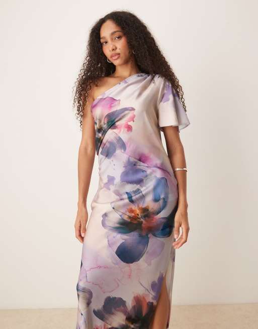 ASOS DESIGN - Robe mi-longue asymétrique satinée à manches évasées - Imprimé fleuri style peinture, 2 de 4