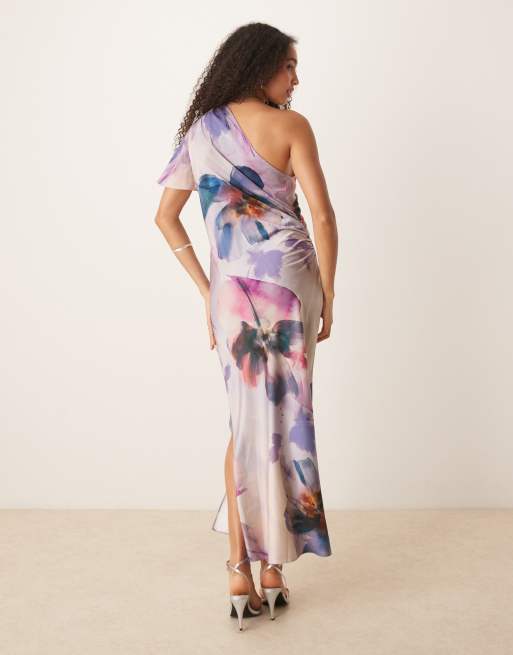 ASOS DESIGN - Robe mi-longue asymétrique satinée à manches évasées - Imprimé fleuri style peinture, 4 de 4