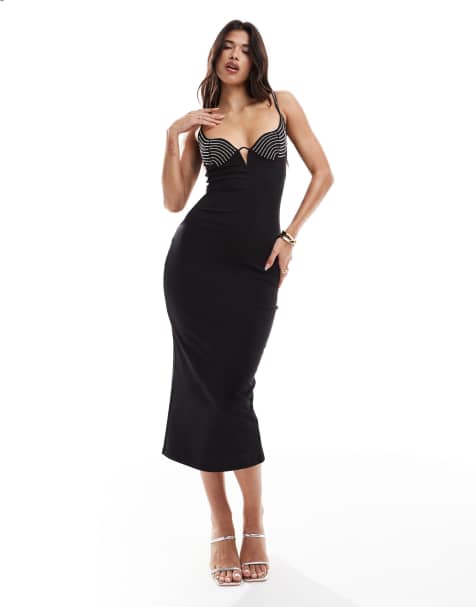 ASOS DESIGN - Robe mi-longue avec bonnets à strass - Noir - view 1