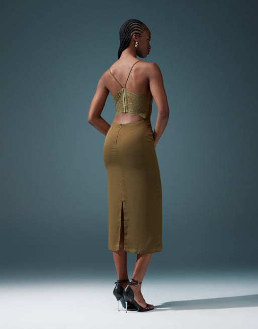  ASOS DESIGN - Robe mi-longue avec bretelles fines en dentelle - Kaki , 2 de 4