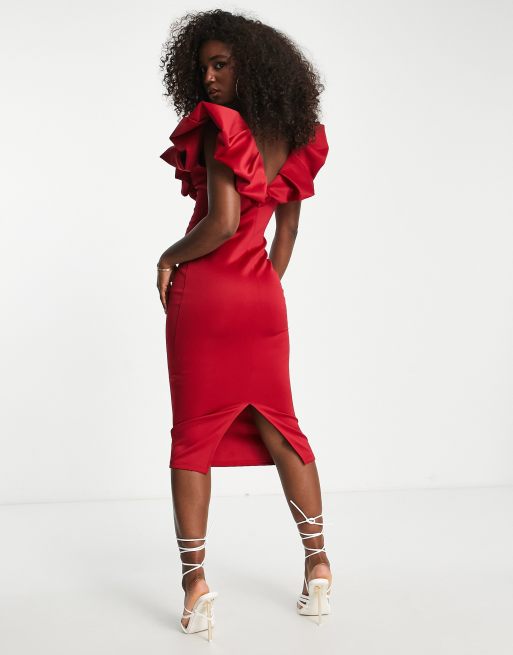 ASOS DESIGN Robe mi longue avec d collet plongeant volants Rouge