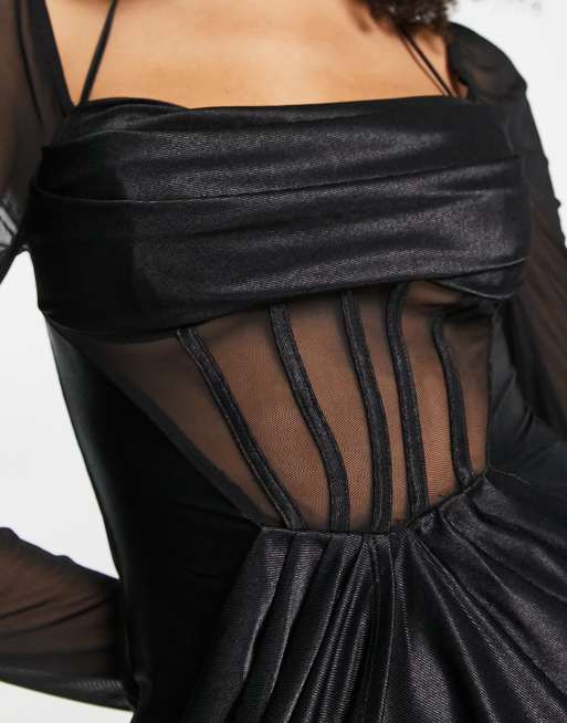 ASOS DESIGN - Robe mi-longue avec détail corset en satin et tulle - Noir, 3 de 4