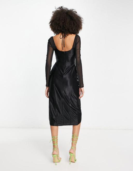 ASOS DESIGN - Robe mi-longue avec détail corset en satin et tulle - Noir, 4 de 4