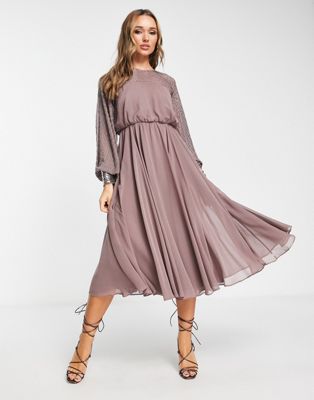 ASOS DESIGN midi dress with linear yoke embellishment in mauve - ASOS Price Checker