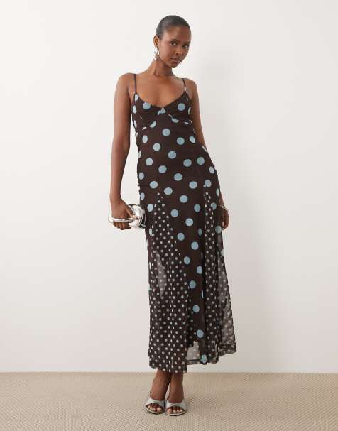 ASOS DESIGN - Robe mi-longue avec foulard à pois - Bleu et marron - view 1