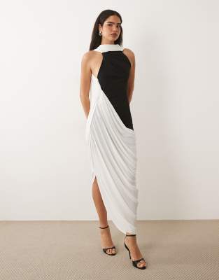 Robe mi-longue avec jupe drapée et détail foulard - Noir et blanc-multicolore 38