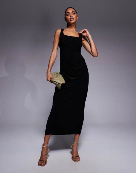 ASOS DESIGN - Robe mi-longue avec jupe drapée et encolure structurée à larges bretelles - Noir - view 1