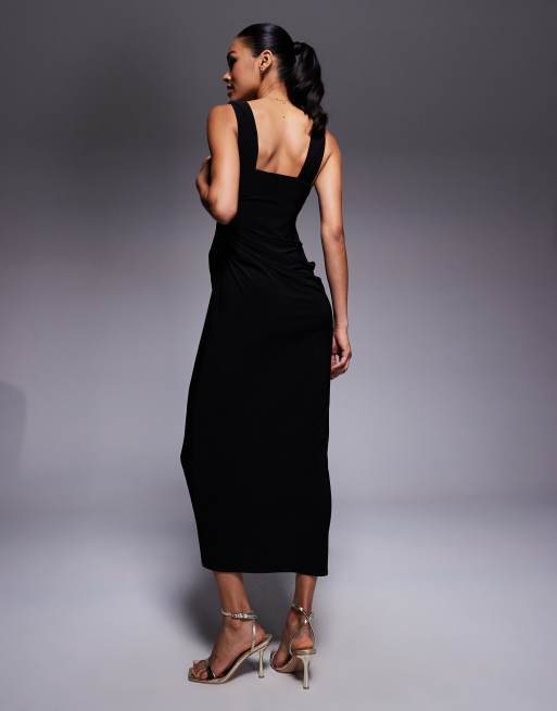 ASOS DESIGN - Robe mi-longue avec jupe drapée et encolure structurée à larges bretelles - Noir, 4 de 4