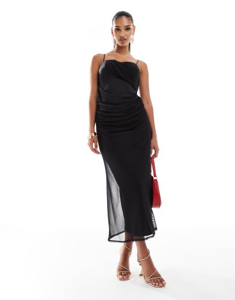 ASOS DESIGN - Robe mi-longue avec superposition en tulle façonnée et fines bretelles - Noir - view 1