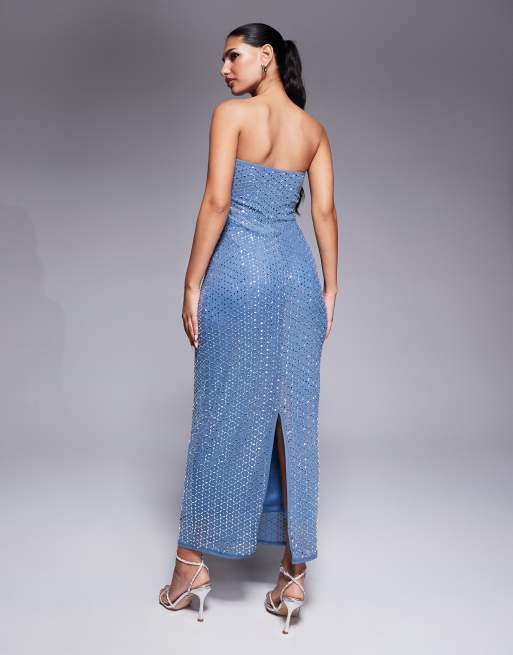 ASOS DESIGN - Robe mi-longue bandeau en V devant avec strass thermocollés motif quadrillé - Argenté, 2 de 4