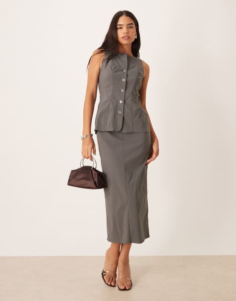 ASOS DESIGN - Robe mi-longue boutonnée à encolure bateau - Gris - view 1