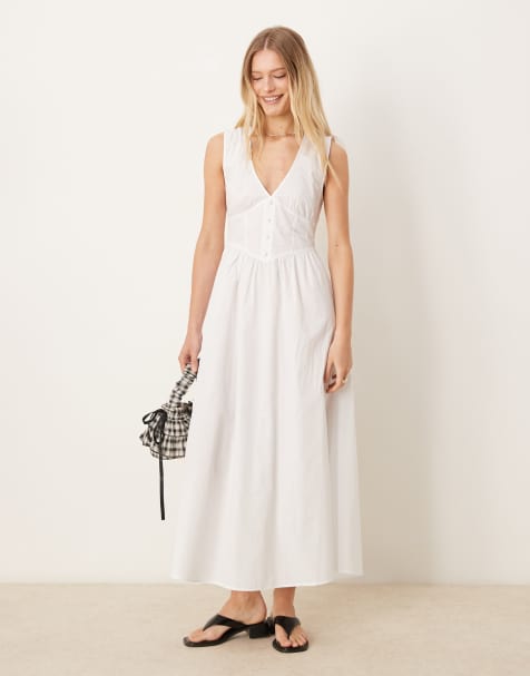 ASOS DESIGN - Robe mi-longue boutonnée à la taille avec col V - Blanc cassé - view 1