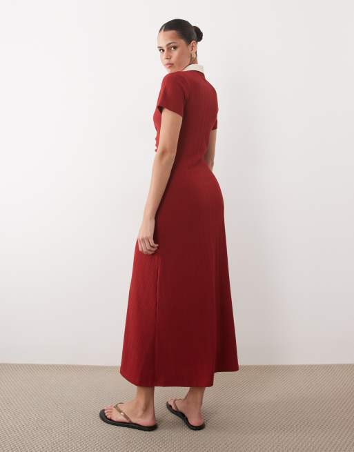 ASOS DESIGN - Robe mi-longue boutonnée à mancherons avec liserés contrastants - Rouge brûlé, 2 de 4