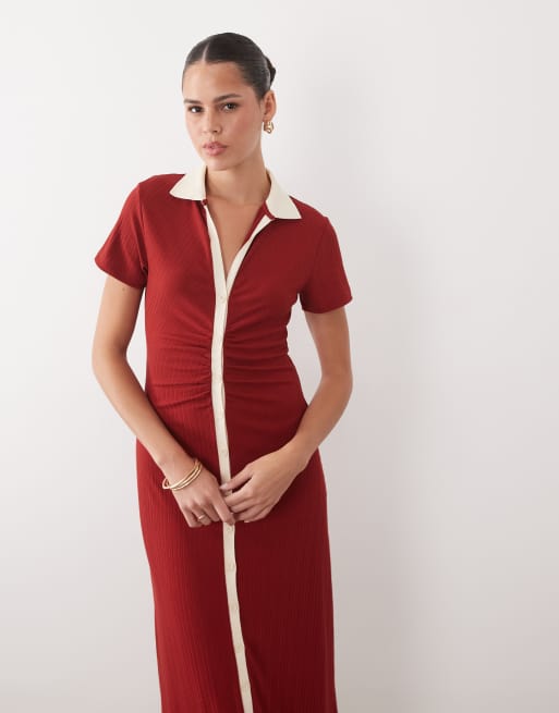 ASOS DESIGN - Robe mi-longue boutonnée à mancherons avec liserés contrastants - Rouge brûlé, 4 de 4