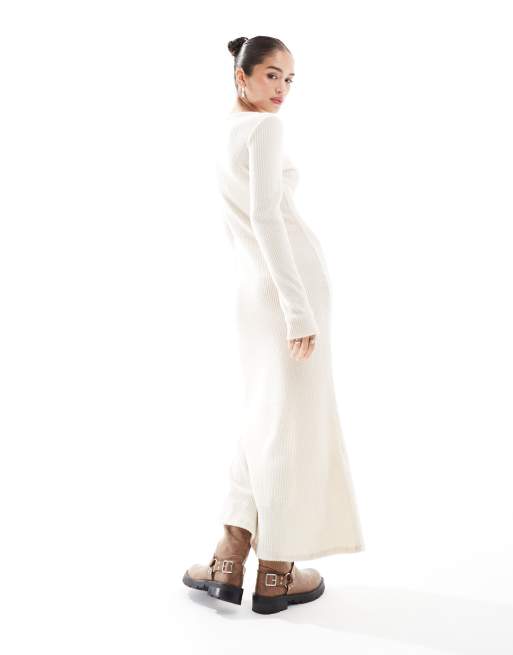 ASOS DESIGN - Robe mi-longue boutonnée asymétrique ultra douce en maille côtelée duveteuse - Grège, 2 de 4