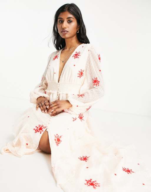 ASOS DESIGN - Robe mi-longue boutonnée avec taille froncée et broderies - Beige et rouge , 3 de 4