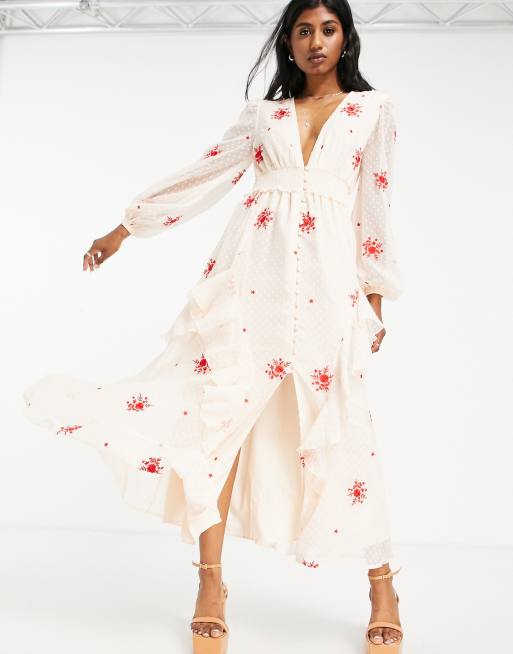 ASOS DESIGN - Robe mi-longue boutonnée avec taille froncée et broderies - Beige et rouge , 4 de 4