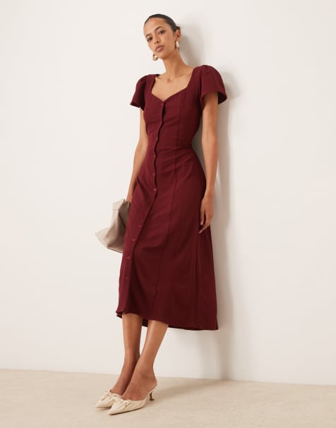 ASOS DESIGN - Robe mi-longue boutonnée nouée dans le dos - Rouge cerise - view 1