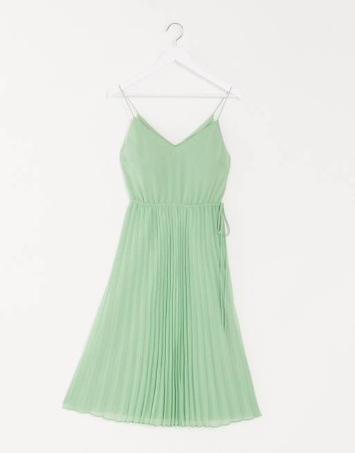 ASOS DESIGN - Robe mi-longue caraco plissée avec cordon de serrage à la taille - Vert sauge