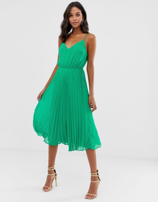 ASOS DESIGN Robe mi longue caraco pliss e avec taille cordon de serrage Vert meraude