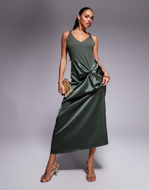 ASOS DESIGN - Robe mi-longue côtelée à bretelles torsadées et jupe nouée en satin - Kaki - view 1