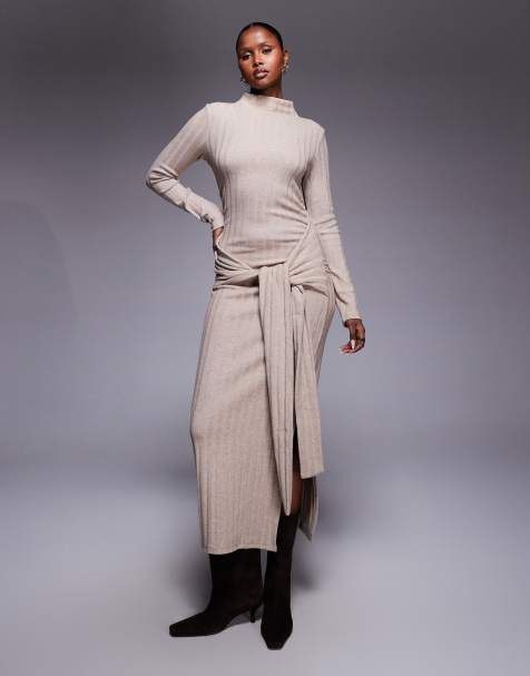 ASOS DESIGN - Robe mi-longue côtelée à col montant et liens sur le devant - Neutre - view 1