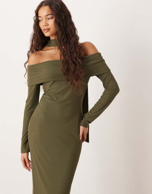 ASOS DESIGN - Robe mi-longue côtelée à encolure bardot avec foulard - Kaki, 4 de 4