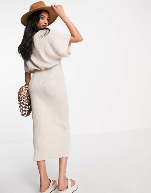 ASOS DESIGN - Robe mi-longue côtelée à manches courtes avec détail anneau - Crème, 2 de 4