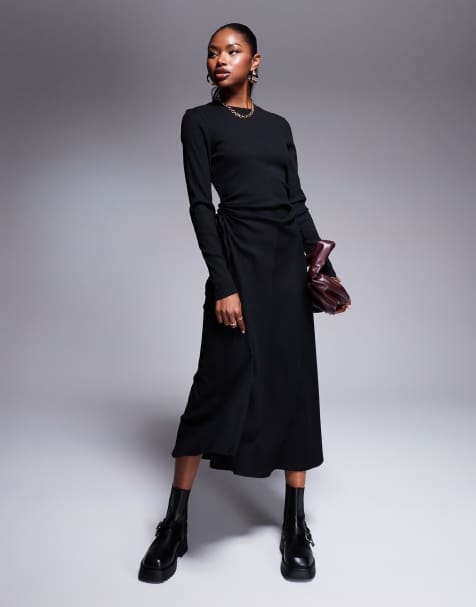 ASOS DESIGN - Robe mi-longue côtelée avec fronces et liens sur les côtés - Noir - view 1