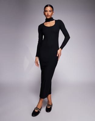 Robe mi-longue côtelée double épaisseur avec détail tour de cou - Noir 32