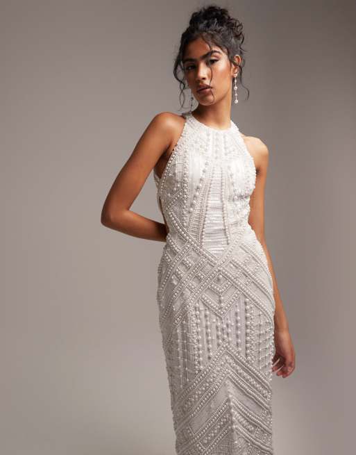 ASOS DESIGN - Robe mi-longue coupe dos nu ornée de perles et de sequins - Ivoire, 2 de 6